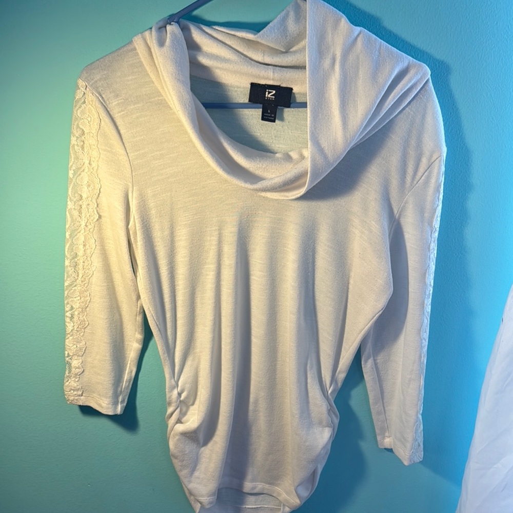 2/$10 White Cowl Neck Top with Lace Sleeves